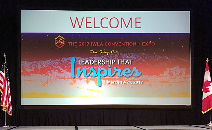 Welcome screen from the 2017 IWLA Convention and Expo in Palm Springs, California stating Leadership That Inspires