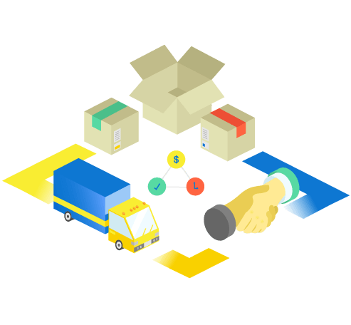 Isometric collage of shaking hands, transport truck, boxes