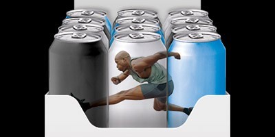 Display of various customized cans superimposed with image of agile man leaping across the front