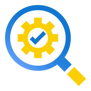 magnifying glass icon with cog and checkmark