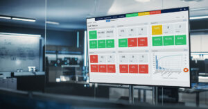 Nulogy Smart Factory, cuadro de mandos del monitor de producción, monitor HDTV, operaciones