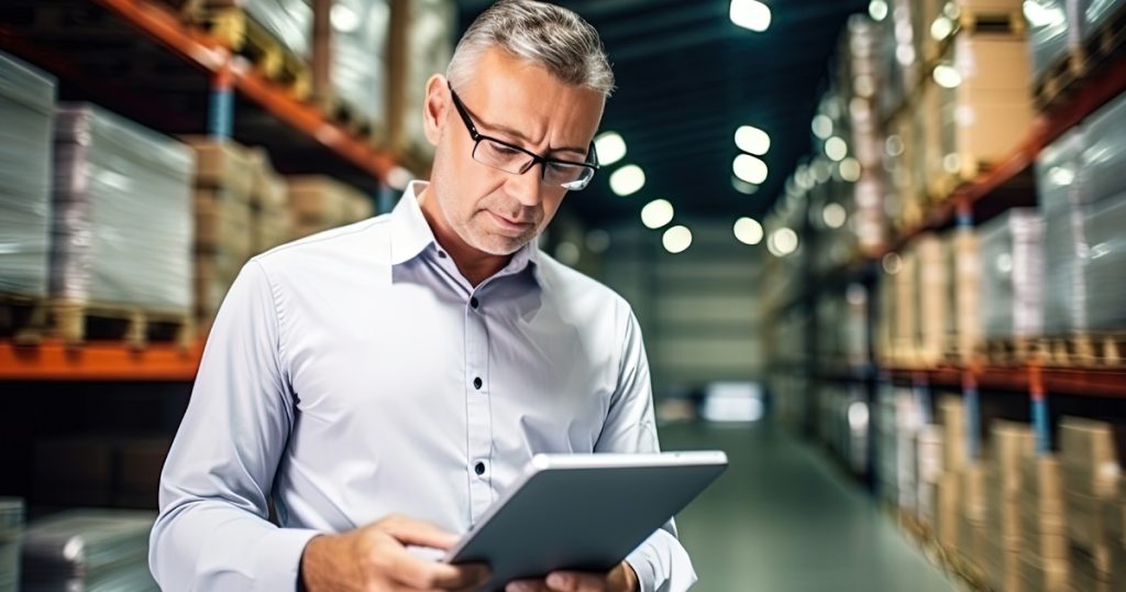 Supply chain digitization warehouse man with tablet