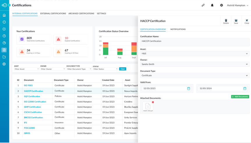 Nulogy Supplier Management - supplier portal showing assessments, non-conformances, and tasks