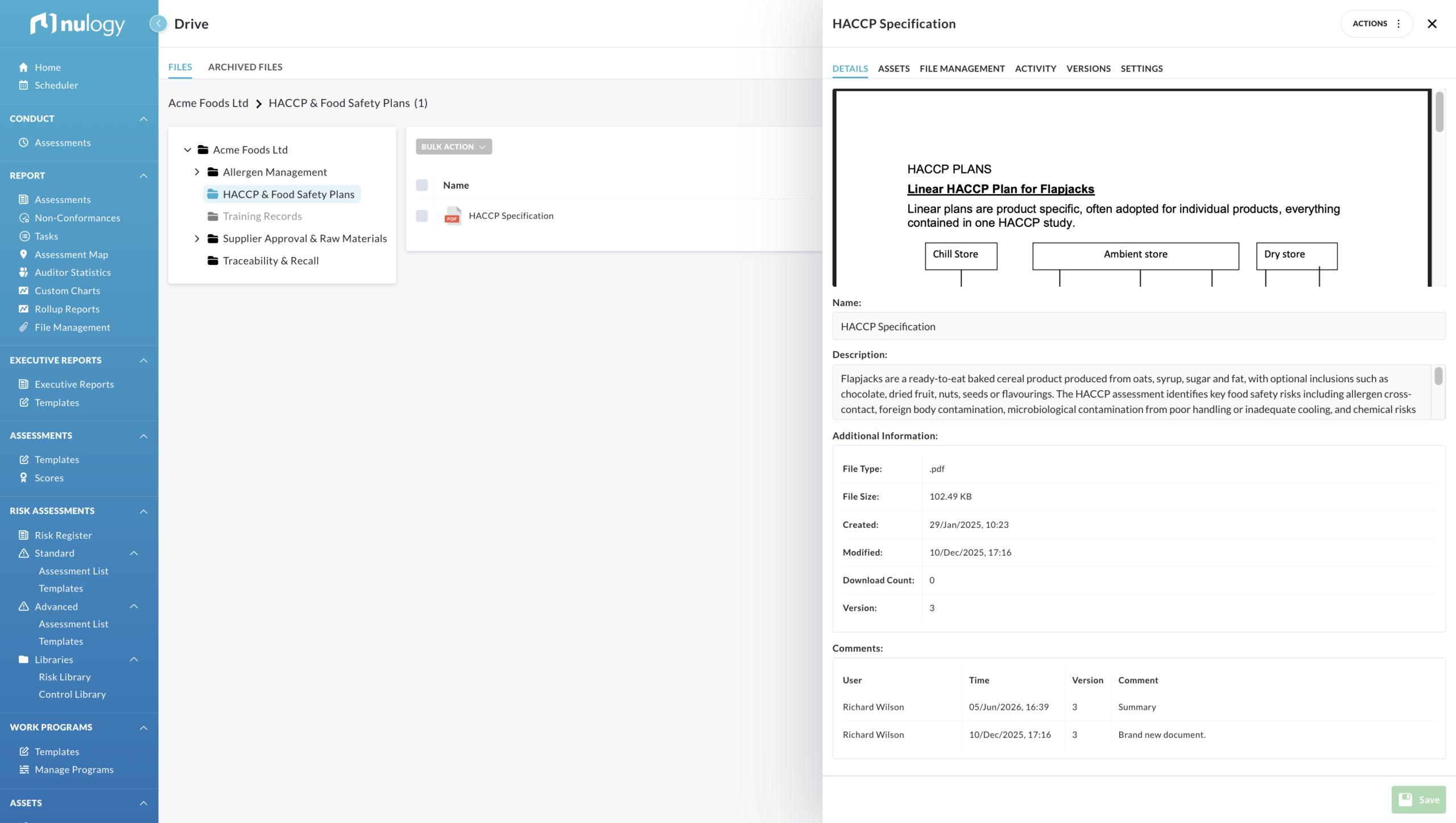 Control de documentos de Nulogy FSQA, que incluye un repositorio de carpetas estructurado, vista previa de documentos HACCP, control de versiones, registro de auditoría y gestión de archivos