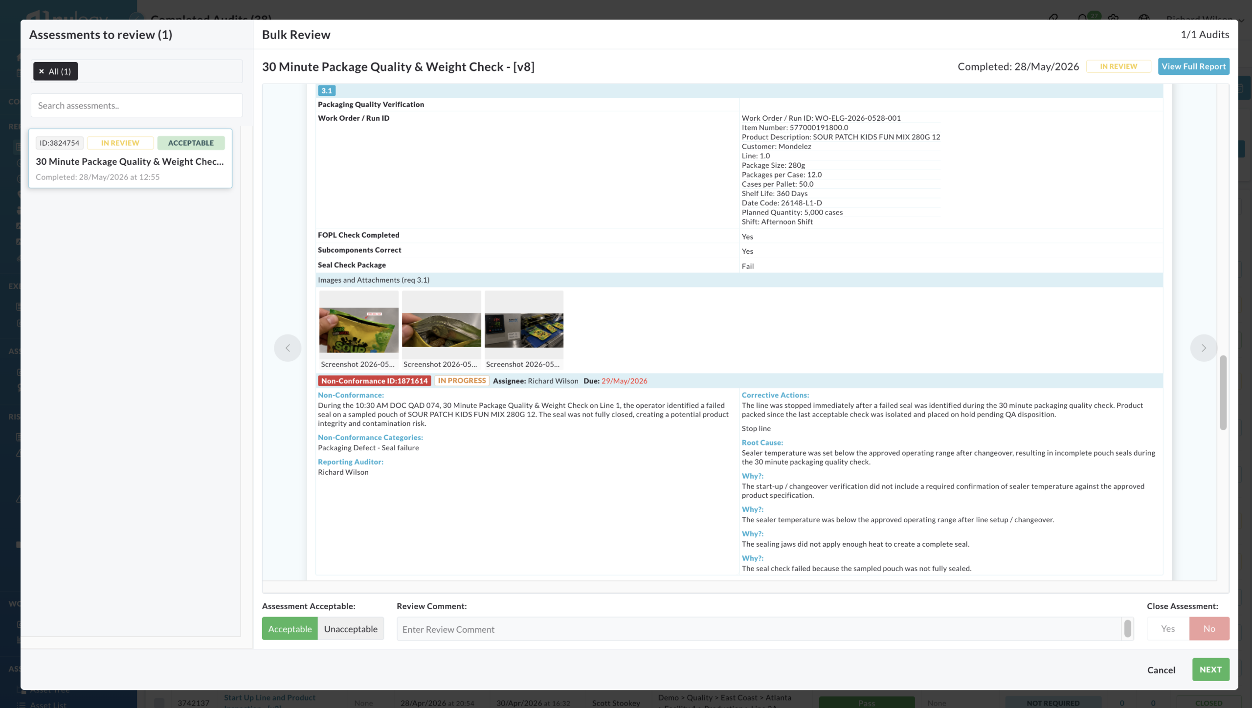 Verificación de productos y procesos con Nulogy FSQA, que incluye el registro de datos de productos, comprobaciones de envasado, carga de pruebas, flujo de trabajo de no conformidades, causa raíz y revisión