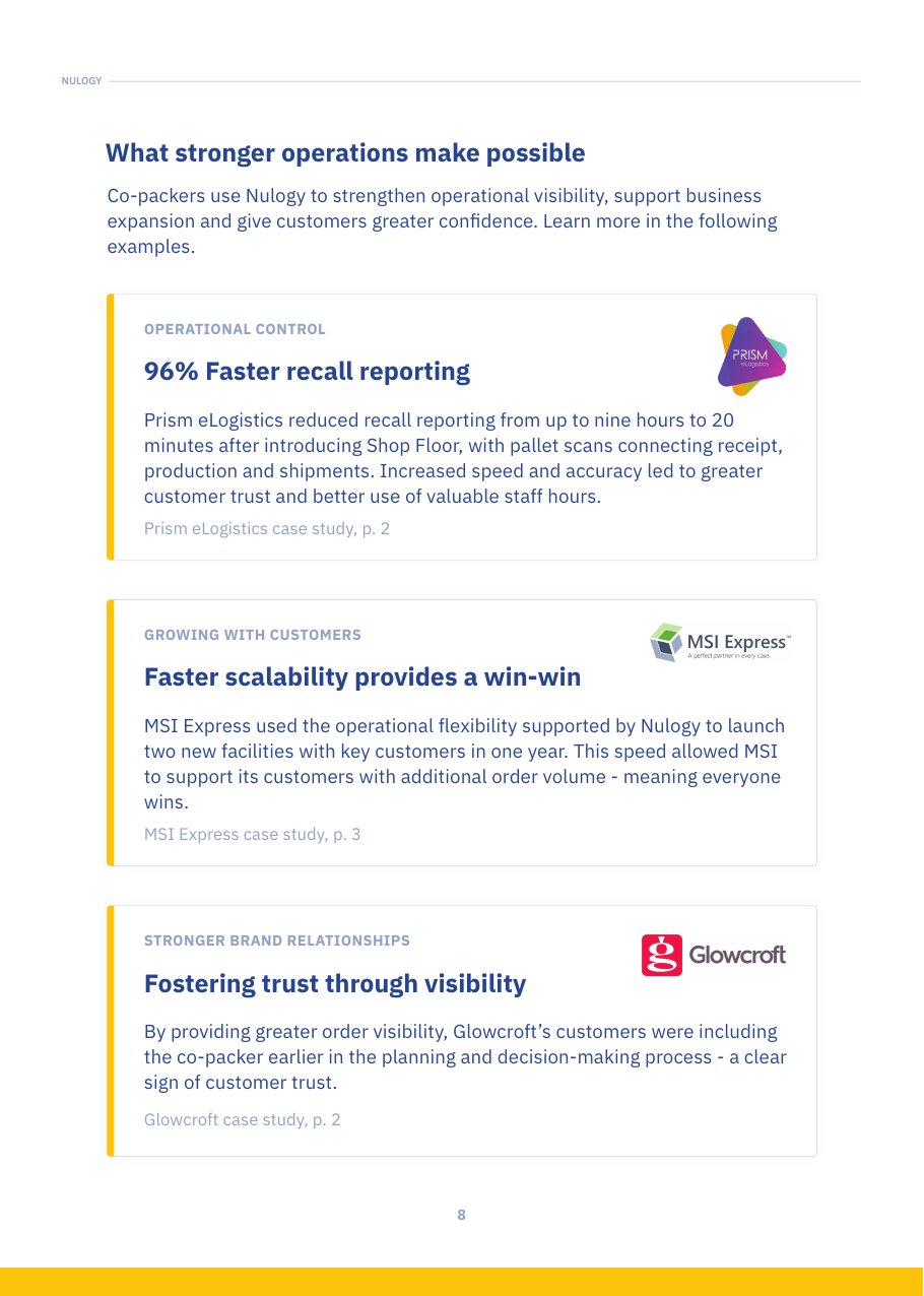 Customer stories page from The Co-Packer’s Benchmark Guide, featuring Prism eLogistics, MSI Express and Glowcroft
